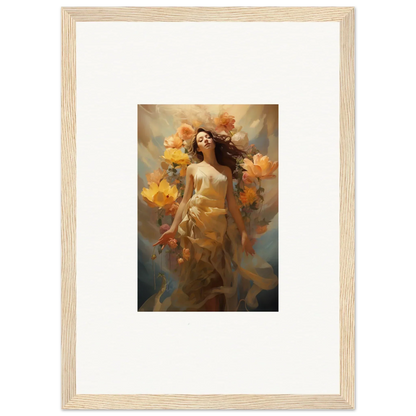 Framed canvas print of a woman with autumn blossoms, perfect for room decoration