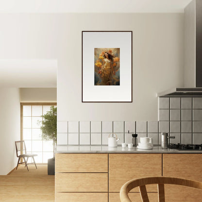 Framed canvas print of a golden ethereal figure for blossom odyssey room decoration