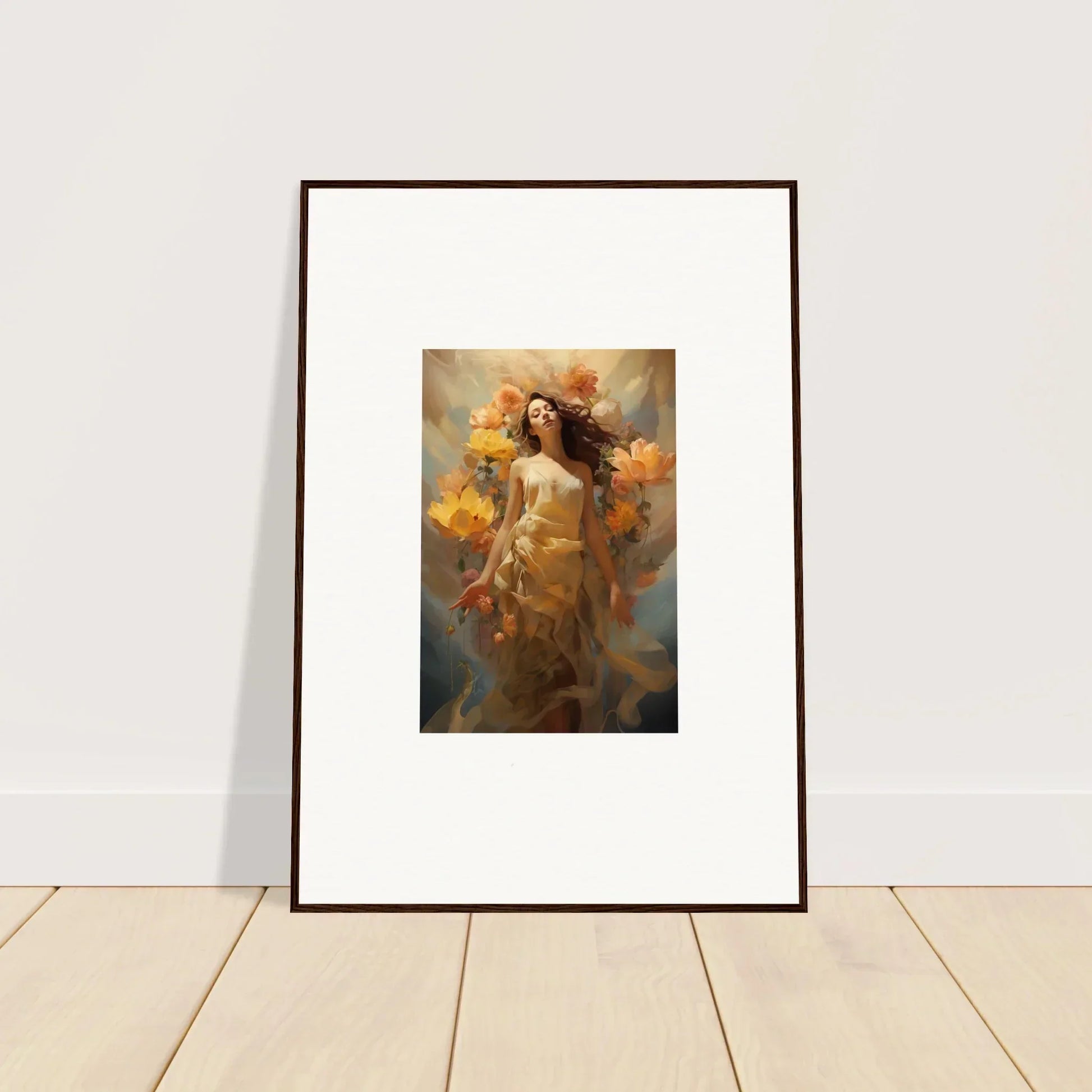 Framed canvas print of a woman in autumn leaves, perfect for your Blossom Odyssey room decoration