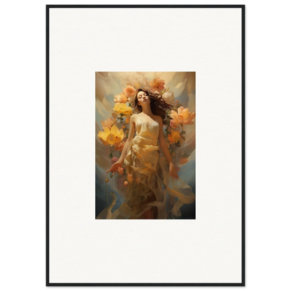 Framed canvas print of a woman in a golden dress surrounded by autumn blossoms for room decoration