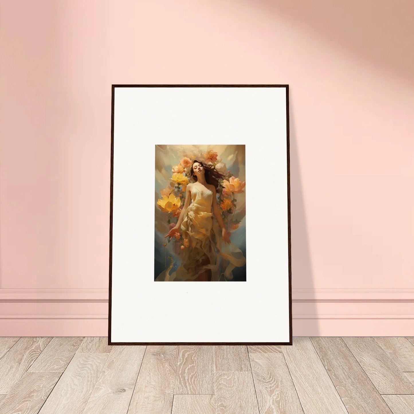 Framed canvas print of a woman in a blossom odyssey with golden flowers for room decoration