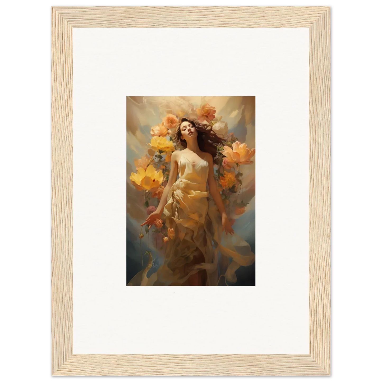 Framed canvas print of a woman with vibrant orange flowers, perfect for room decoration