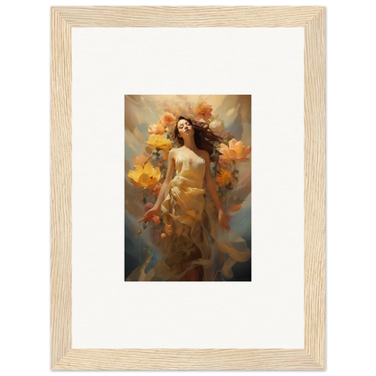 Framed canvas print of a woman with vibrant orange flowers, perfect for room decoration