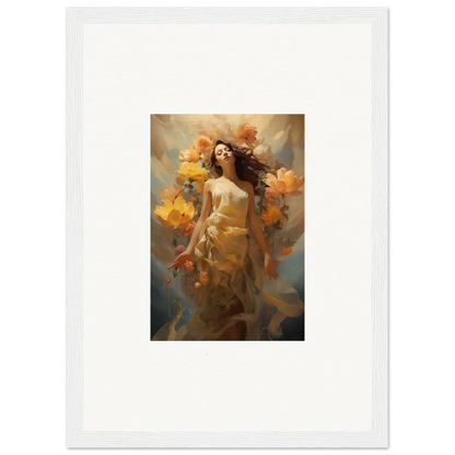 Colorful canvas print of a woman in autumn flowers for room decoration, Blossom Odyssey