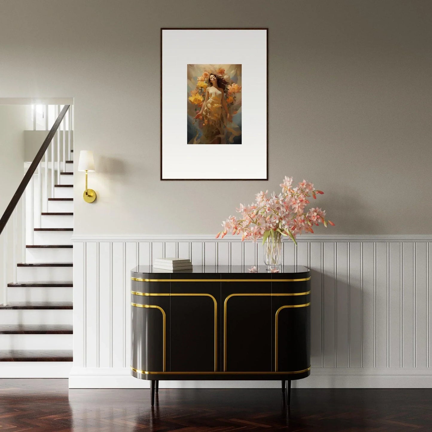 Elegant black sideboard with gold trim, perfect for Blossom Odyssey room decoration