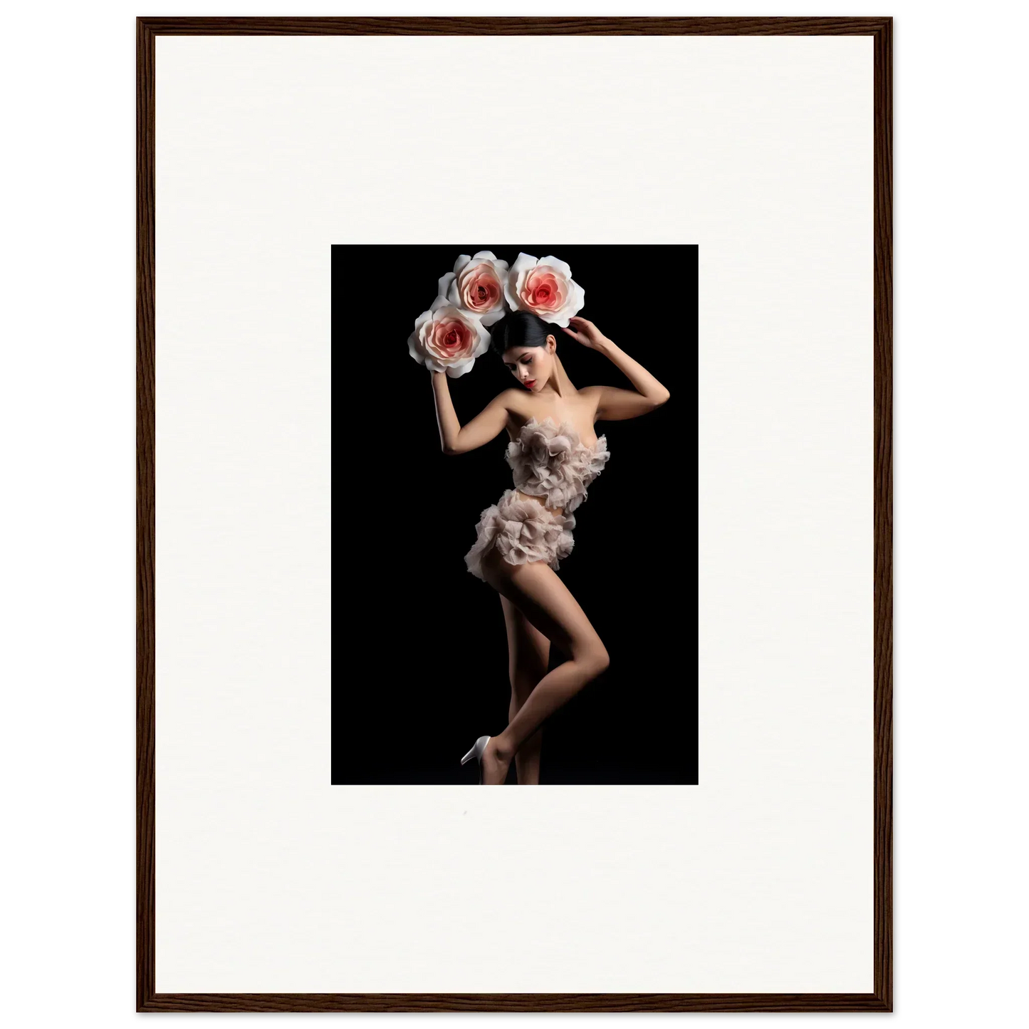 Framed wall art of a woman in a floral dress for vibrant room decor with floral heist theme