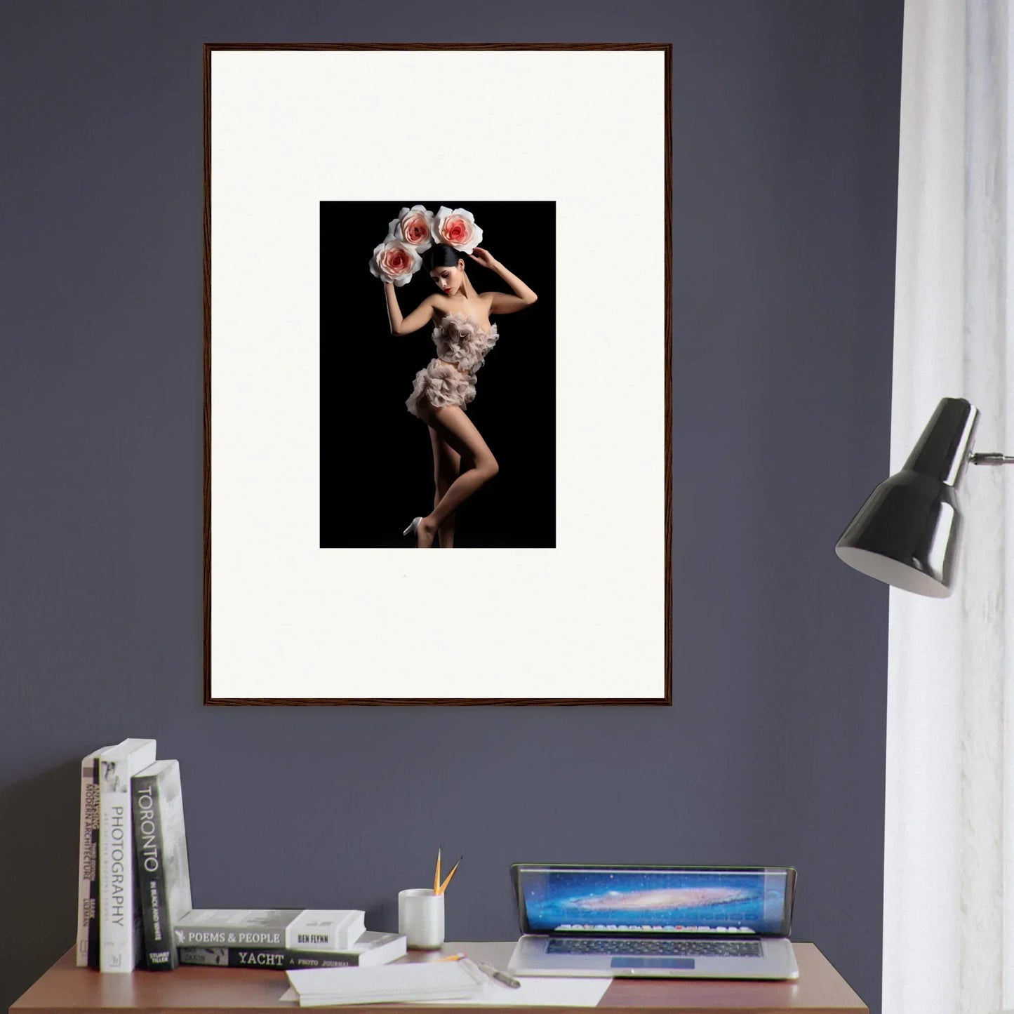 Framed wall art of a woman in a glamorous pose with red flowers for elegant room decor