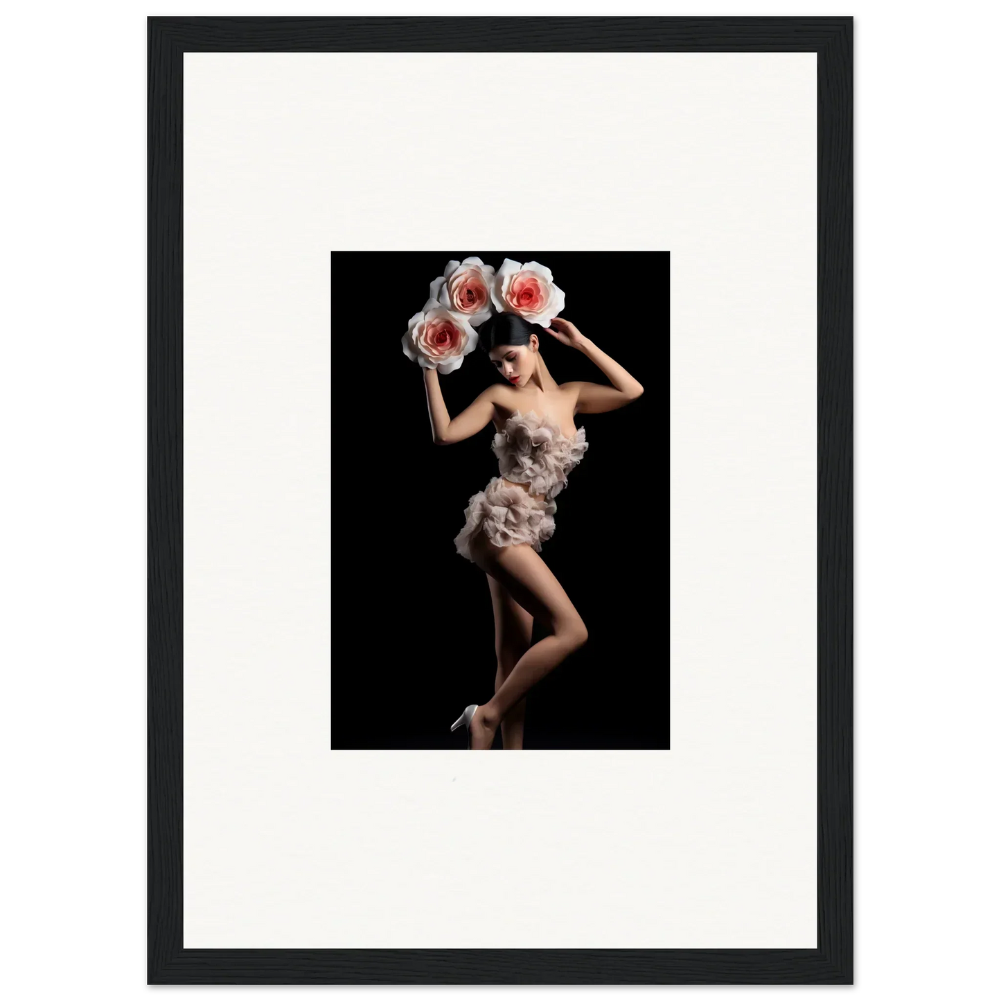 Framed wall art of a woman in a feathery dress with oversized flowers for room decor