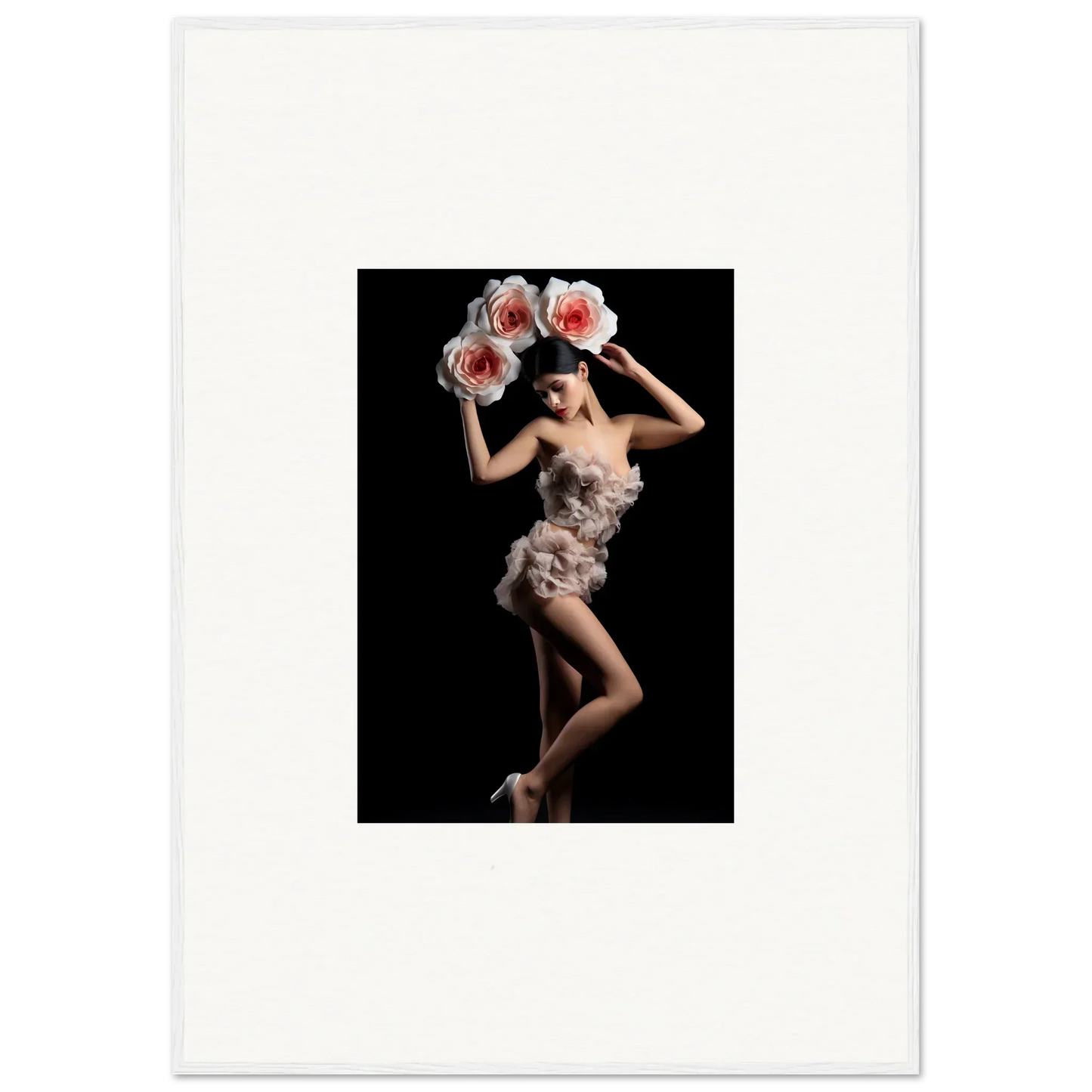 Artistic dancer in feathered costume among oversized flowers for Floral Heist wall decor