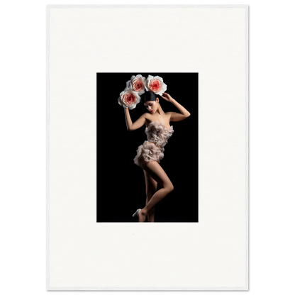 Artistic dancer in feathered costume among oversized flowers for Floral Heist wall decor