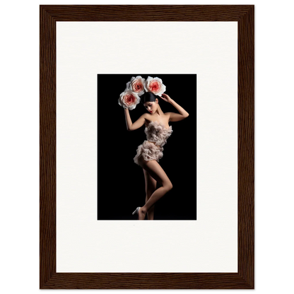 Framed wall art of a dancer in a feathered costume for floral heist room decor