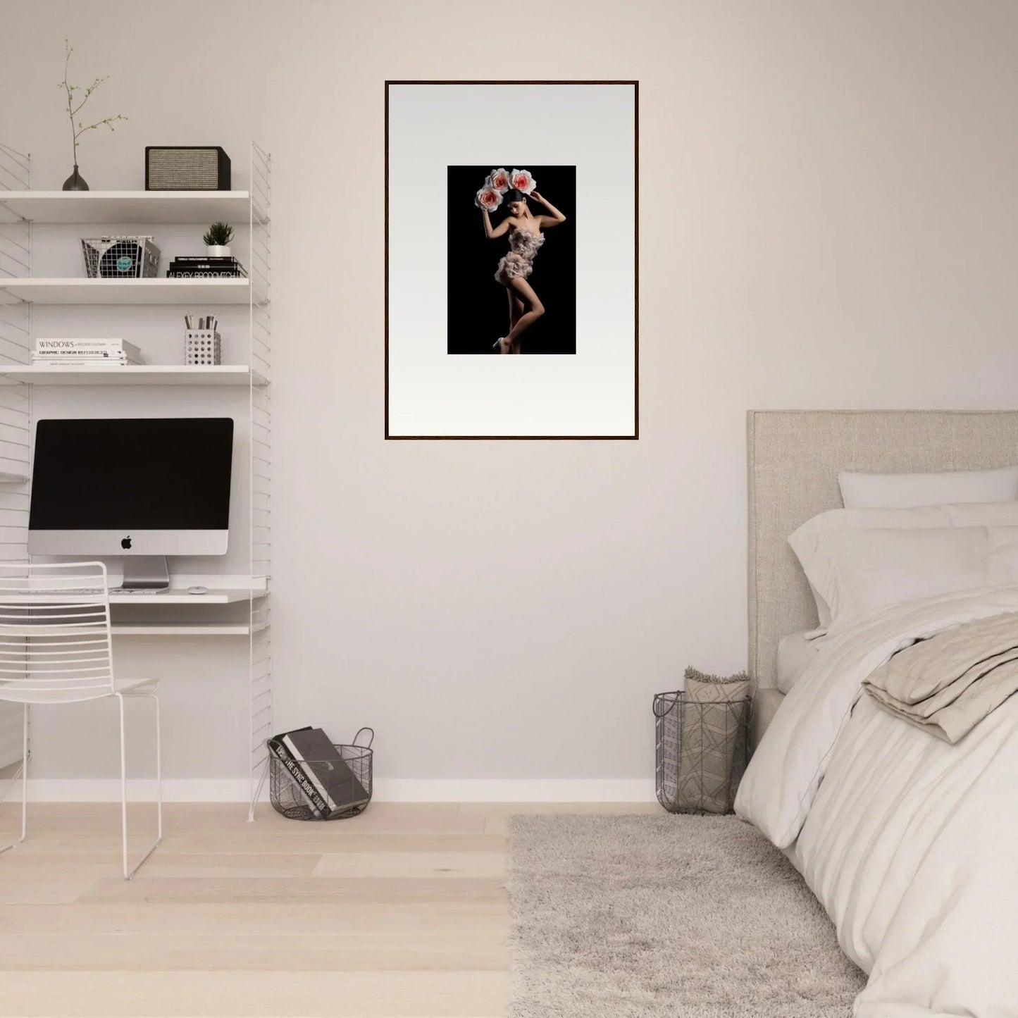 Framed wall art of a nude figure with flowers in Euphoric Floral Heist design