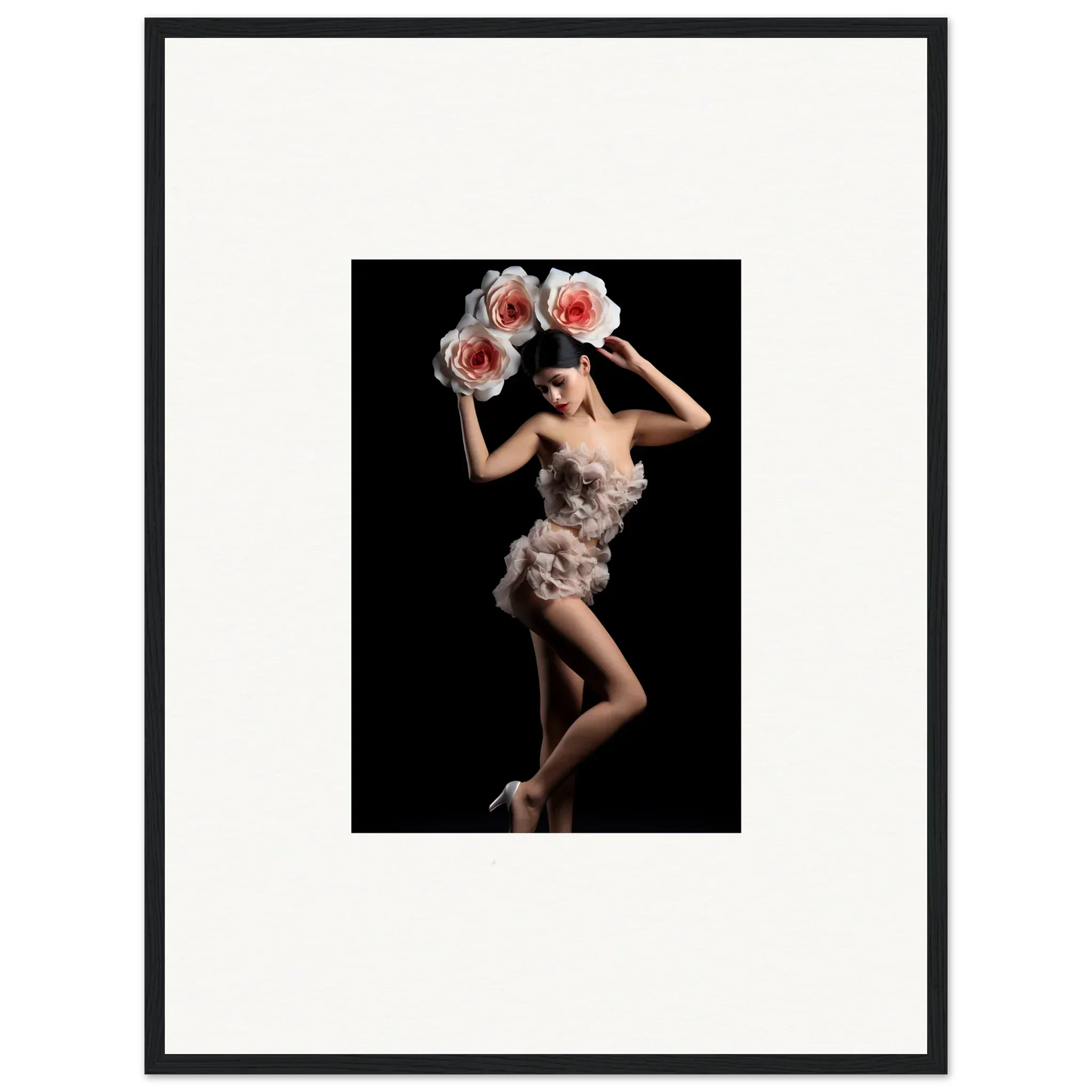 Artistic photograph of a person in a feathery dress with oversized flowers for floral heist room decor