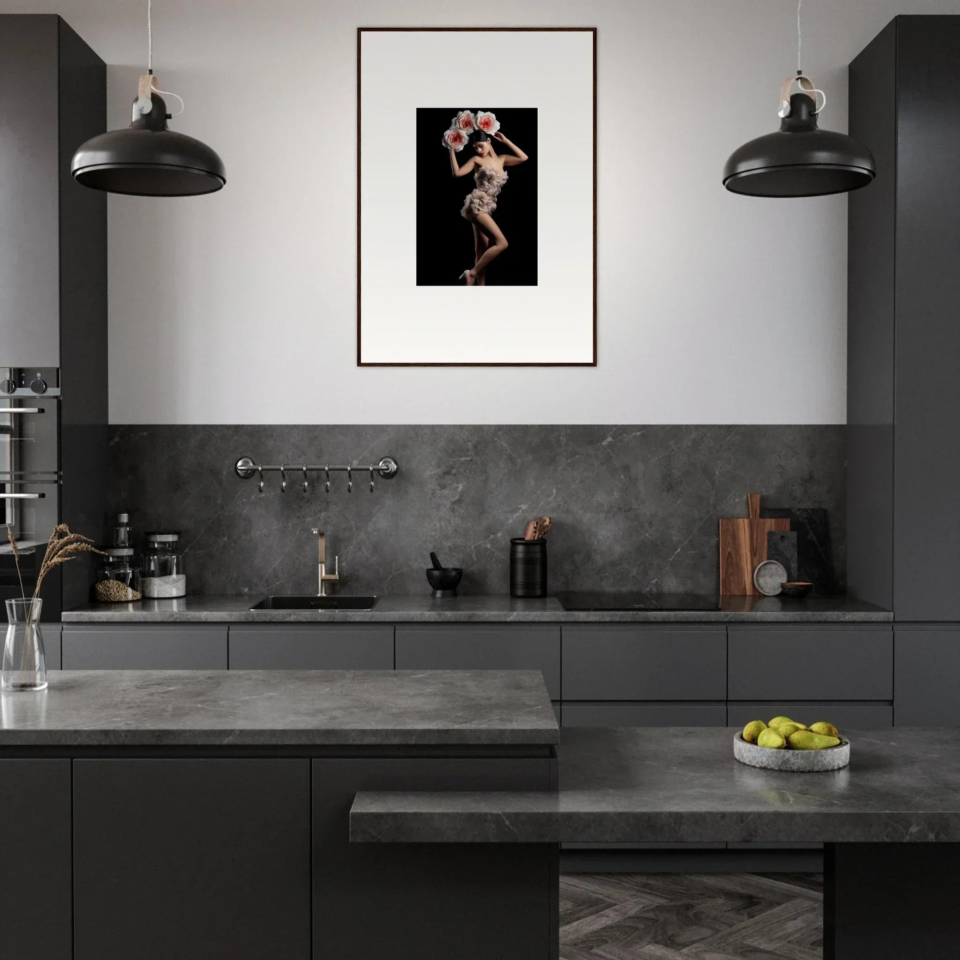 Modern kitchen with dark cabinetry and Euphoric Floral Heist framed wall art