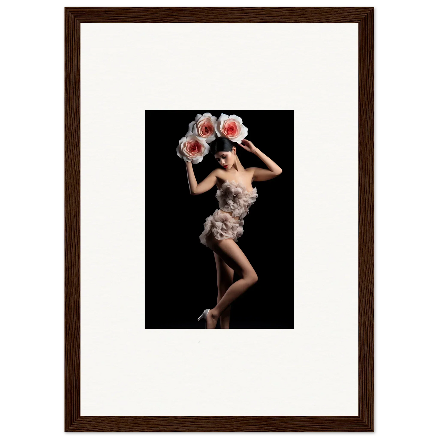 Framed wall art of a woman in a feathery dress for floral heist room decor