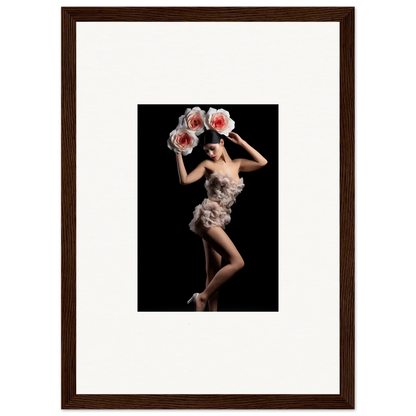 Framed wall art of a woman in a feathery dress for floral heist room decor