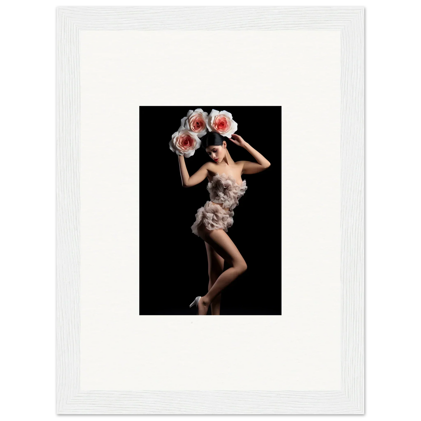 Framed wall art of a dancer in floral heist costume with flowers, ideal room decor