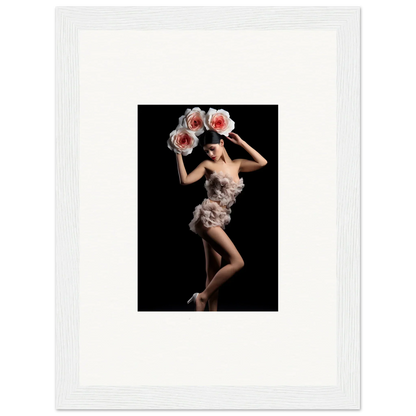 Framed wall art of a dancer in floral heist costume with flowers, ideal room decor