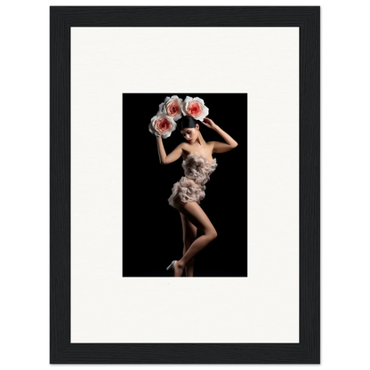 Framed wall art of a woman in a feathery dress in a floral heist pose for room decor