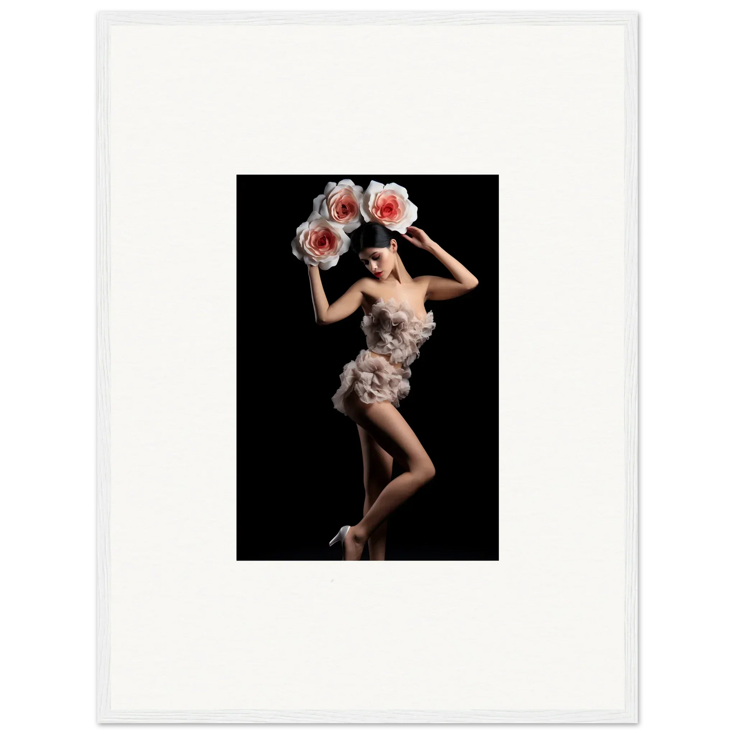 Elegant figure in floral heist dress posing dramatically for framed wall art decor