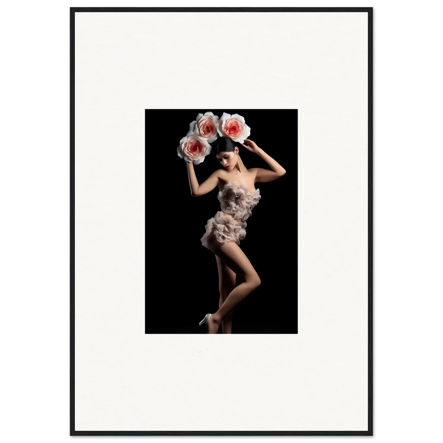 Artistic photograph of a figure in a feathery dress for Floral Heist room decor