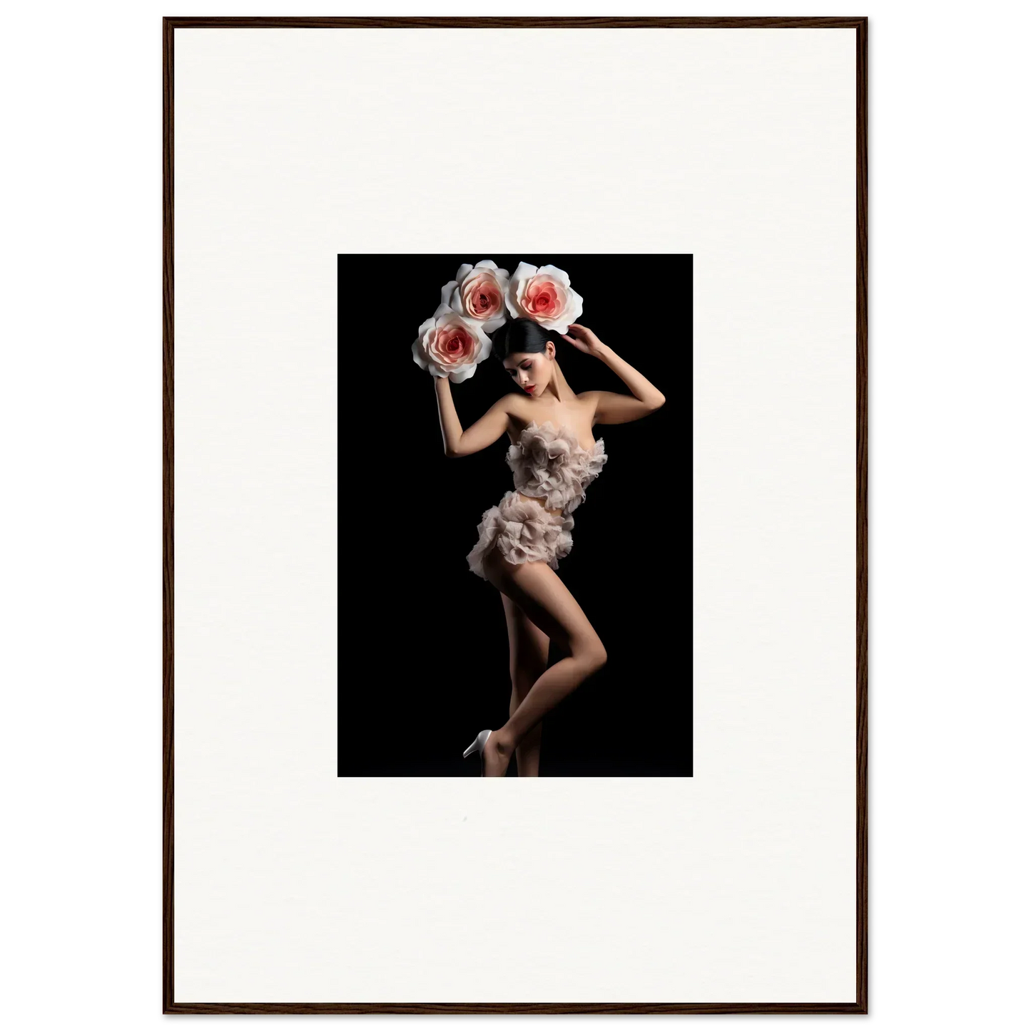 Artistic dancer in feathery dress with pink flowers, perfect for floral heist wall art