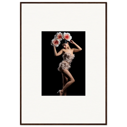 Artistic dancer in feathery dress with pink flowers, perfect for floral heist wall art