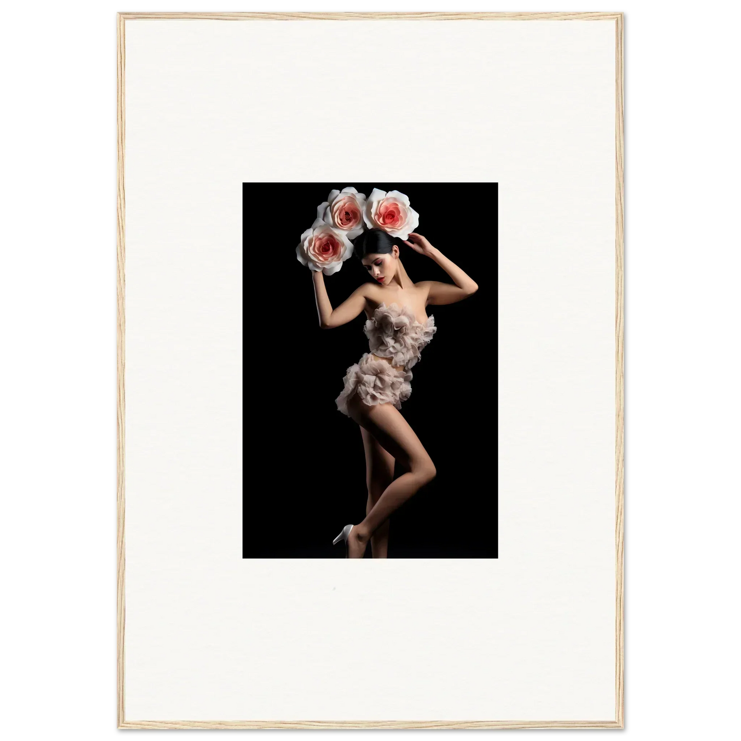 Artistic photograph of a woman in a feathery dress for floral heist wall decor