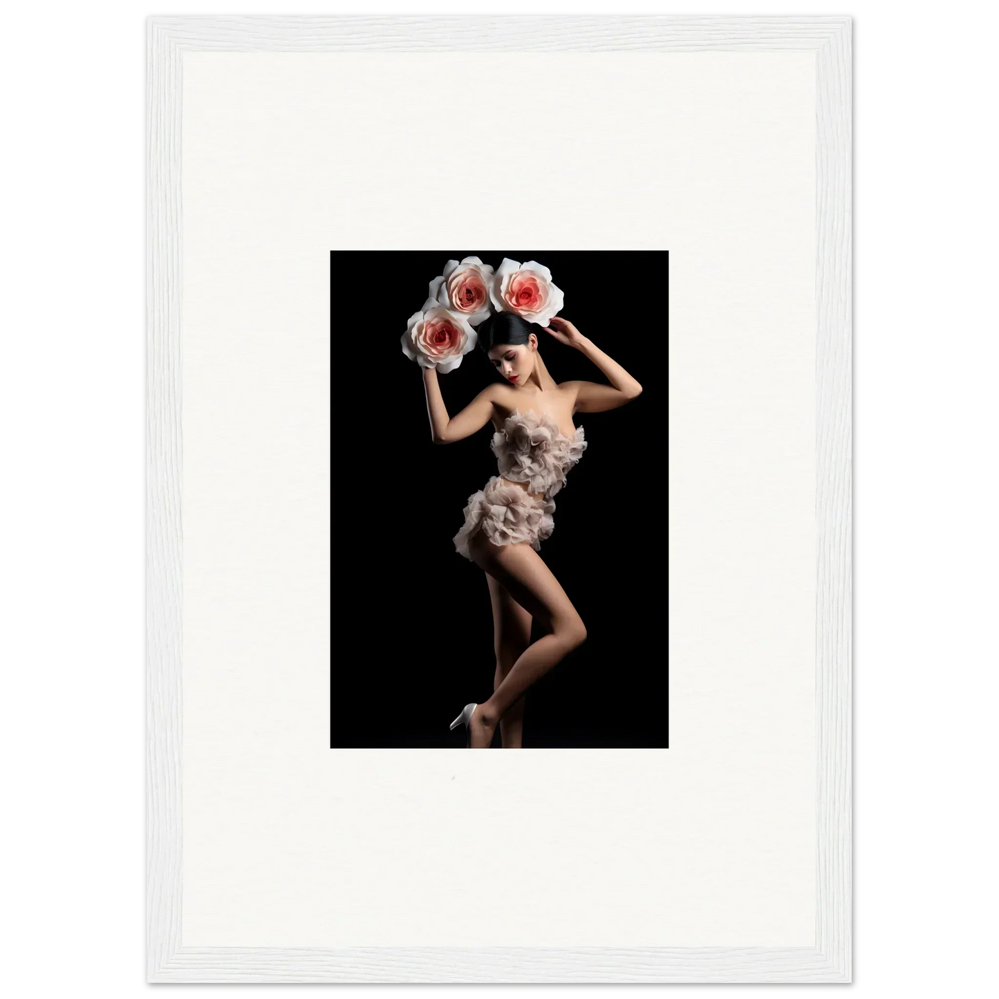 Framed wall art of a woman in a feathery dress with oversized flowers for room decor