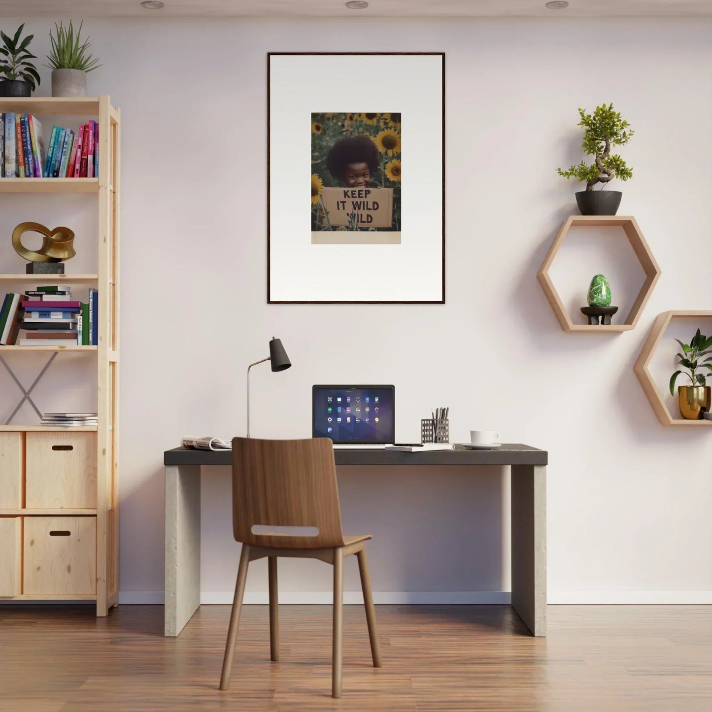 Modern home office with dark desk and hexagonal shelves from Euphoric Sun Voyages