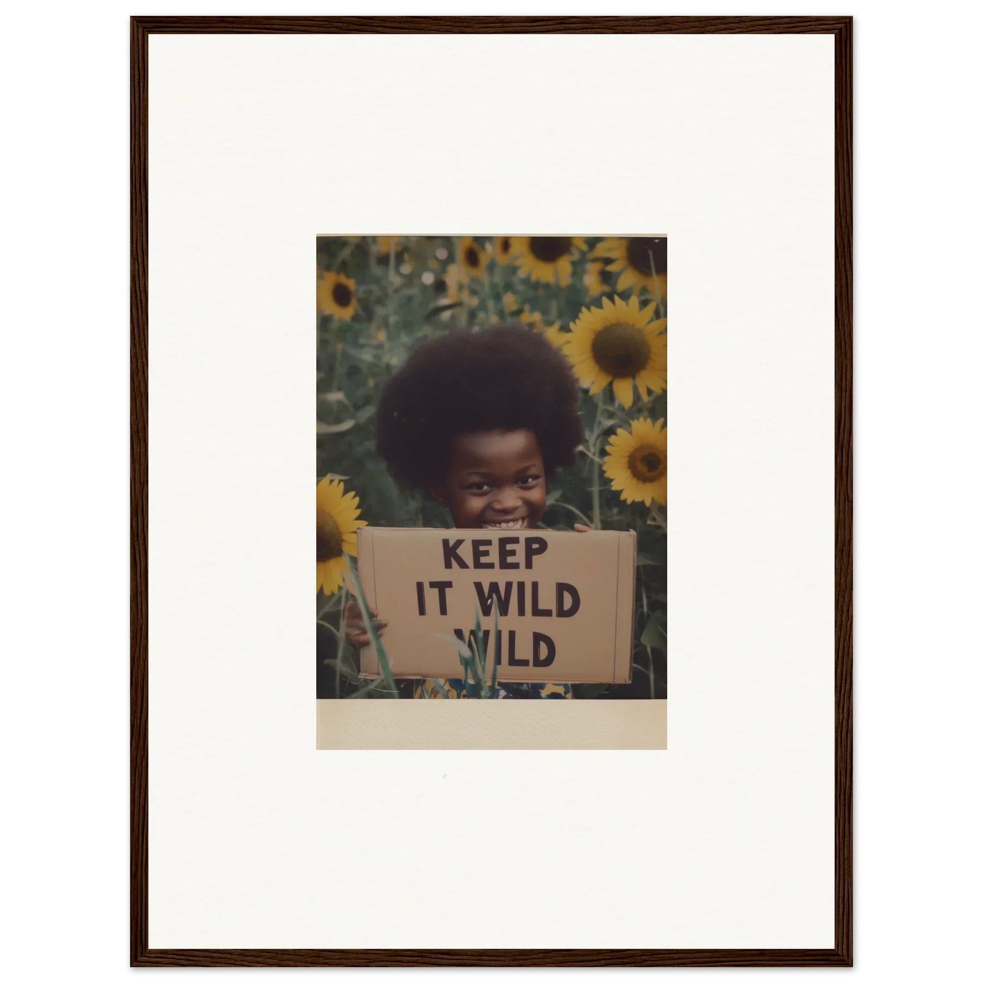 Framed photo of sunflowers and a KEEP IT WILD sign from Euphoric Sun Voyages