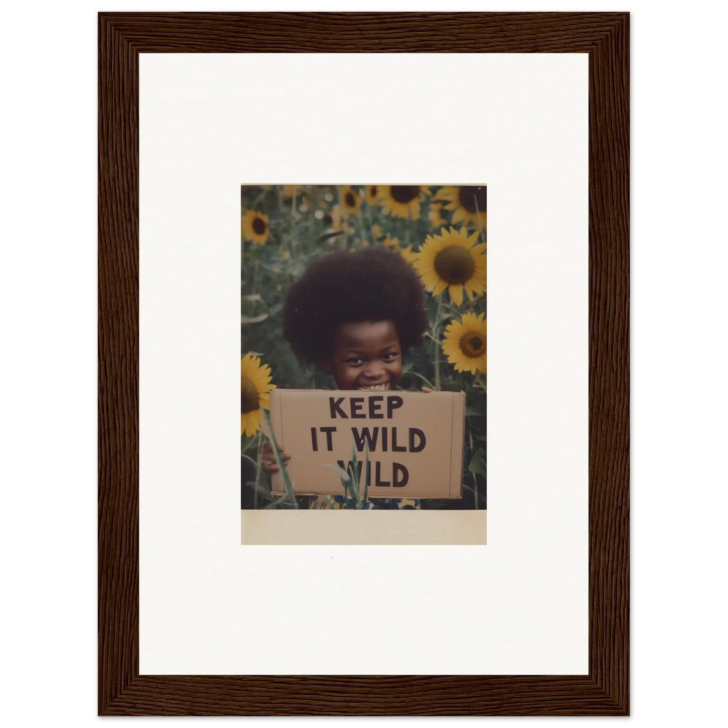 Framed photo of a protest sign saying KEEP IT WILD with sunflowers for Euphoric Sun Voyages