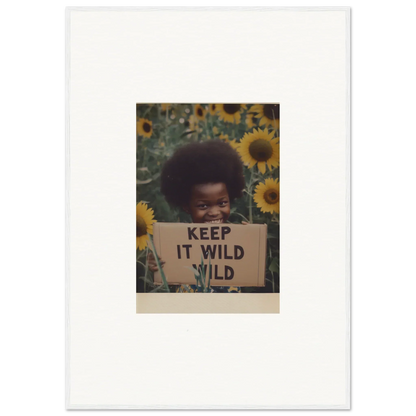 Vintage photo of a KEEP IT WILD sign amidst sunflowers for Euphoric Sun Voyages