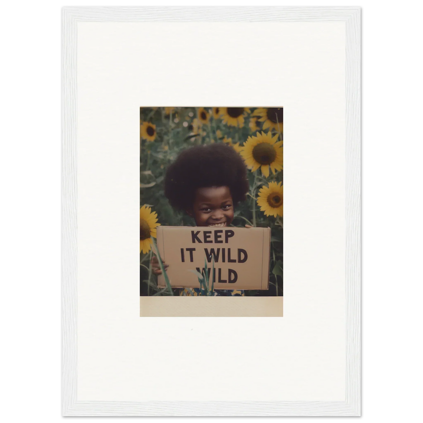 Framed vintage photo with sunflowers and KEEP IT WILD sign from Euphoric Sun Voyages