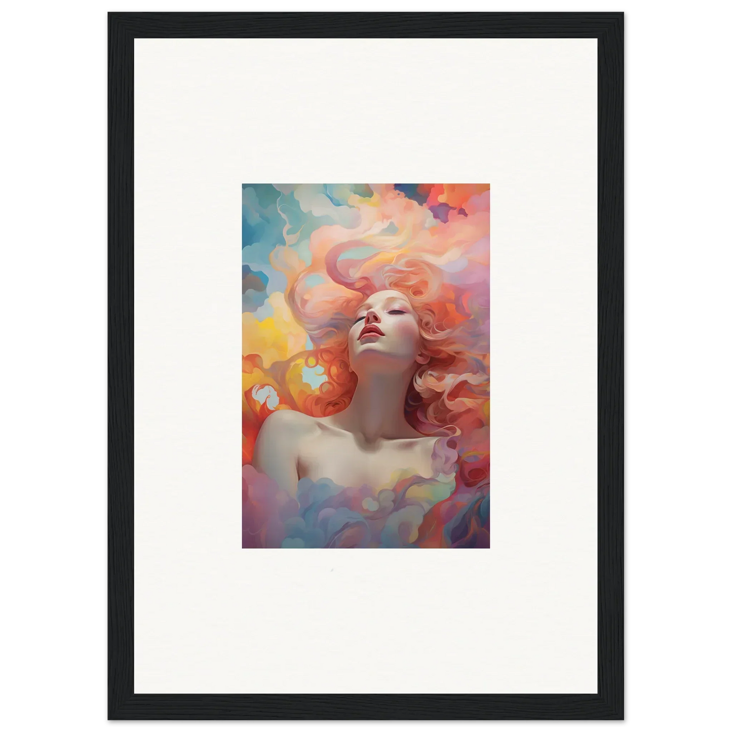 Colorful woman with flowing hair in Euphoria Epiphany framed wall art for room decor