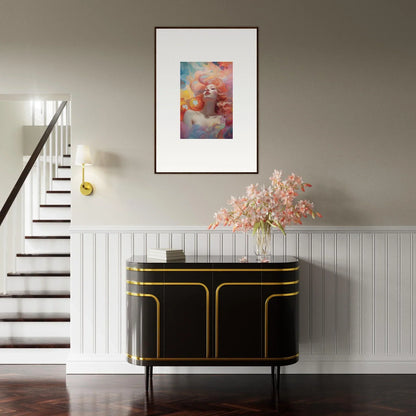 Framed colorful abstract portrait for euphoria epiphany room decor above a sideboard