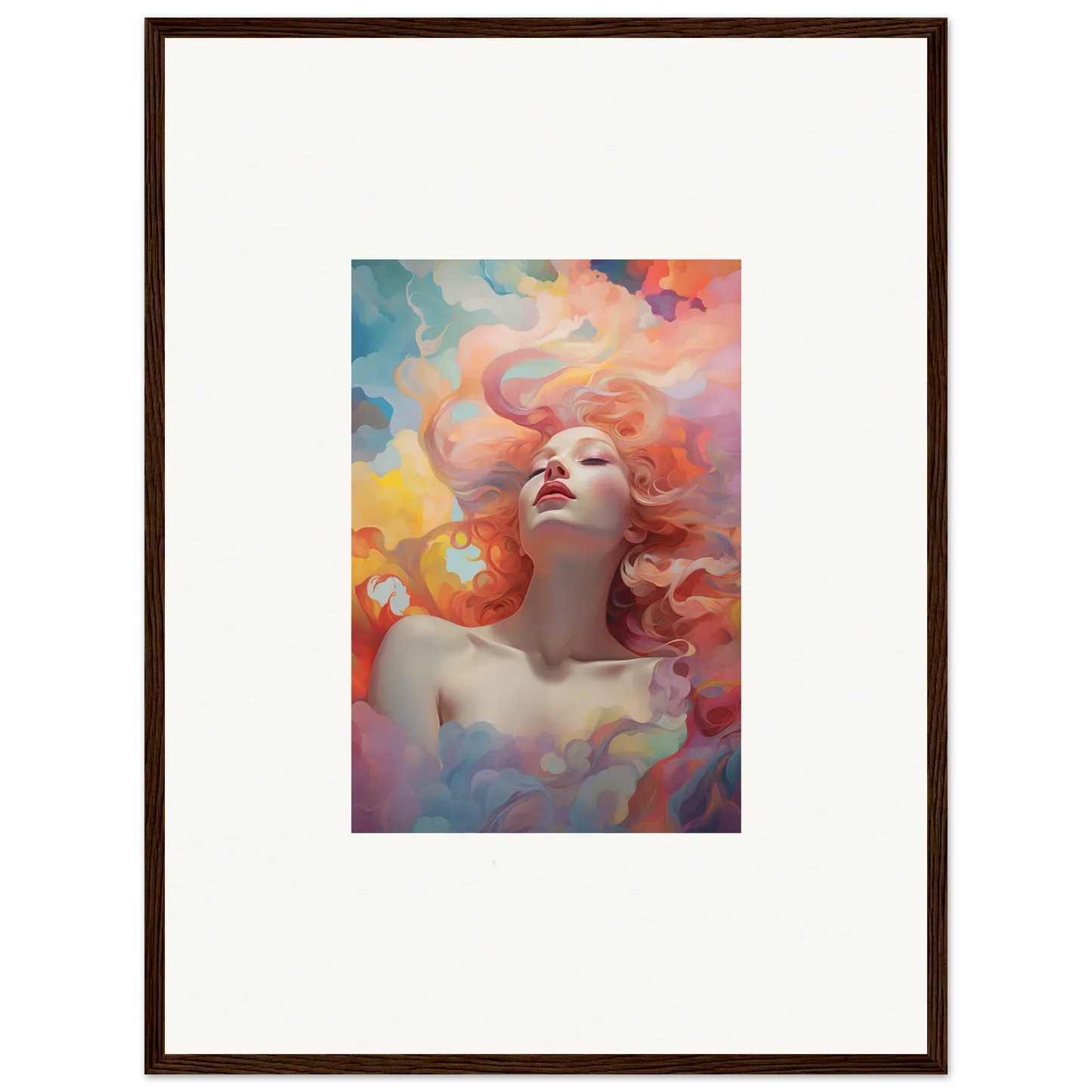 Framed wall art of a woman with flowing hair celebrating Euphoria Epiphany in vibrant colors