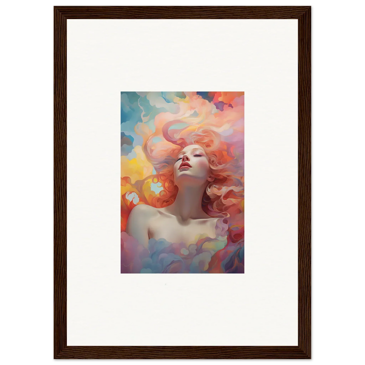 Framed wall art of a woman with flowing hair in colorful swirls, Euphoria Epiphany