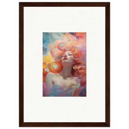 Framed wall art of a woman with flowing hair in colorful swirls, Euphoria Epiphany