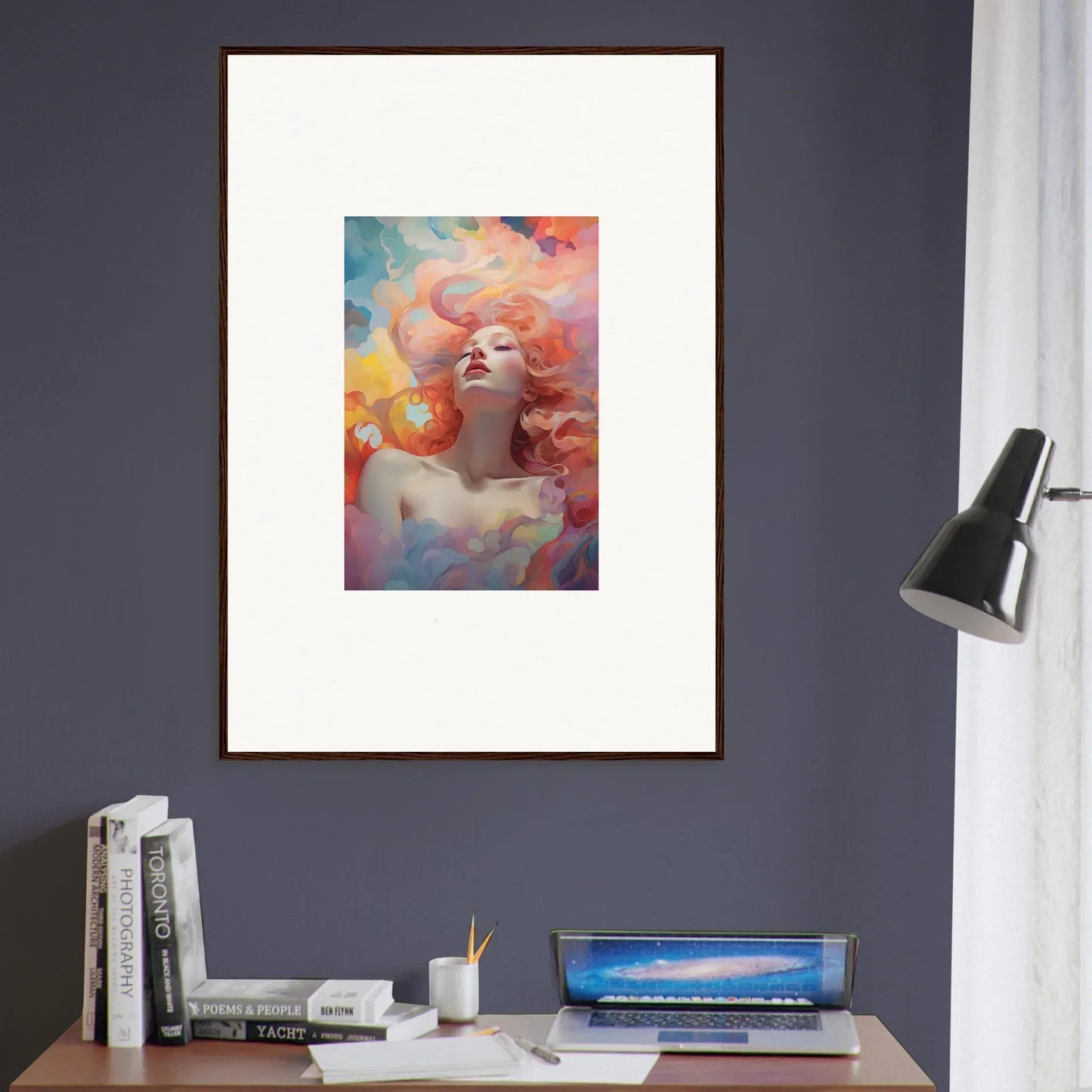 Framed wall art of a woman with flowing hair embodies Euphoria Epiphany for room decor