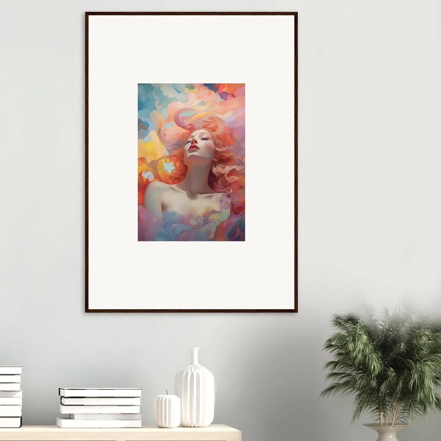 Framed wall art featuring a colorful portrait of a woman evoking Euphoria Epiphany