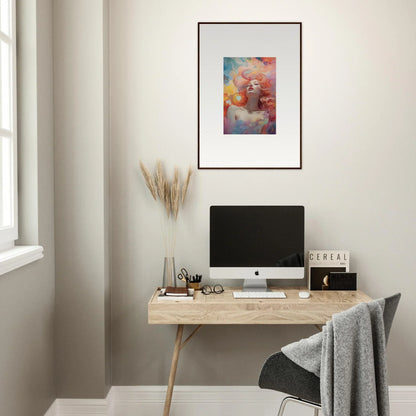 Framed wall art of Evaporating Euphoria Epiphany with surreal floating objects in a colorful scene