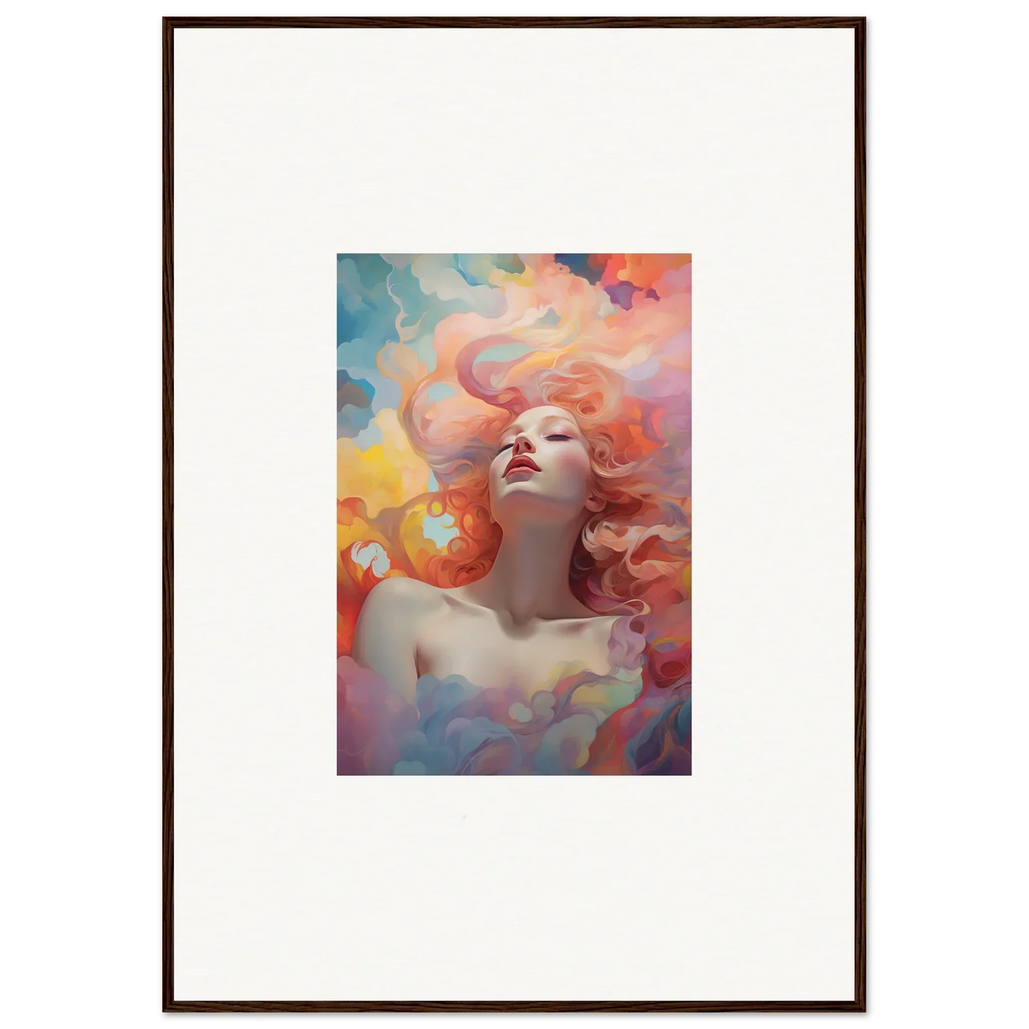 Framed wall art of a woman with red hair in colorful clouds, Euphoria Epiphany decor