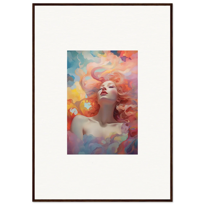 Framed wall art of a woman with red hair in colorful clouds, Euphoria Epiphany decor