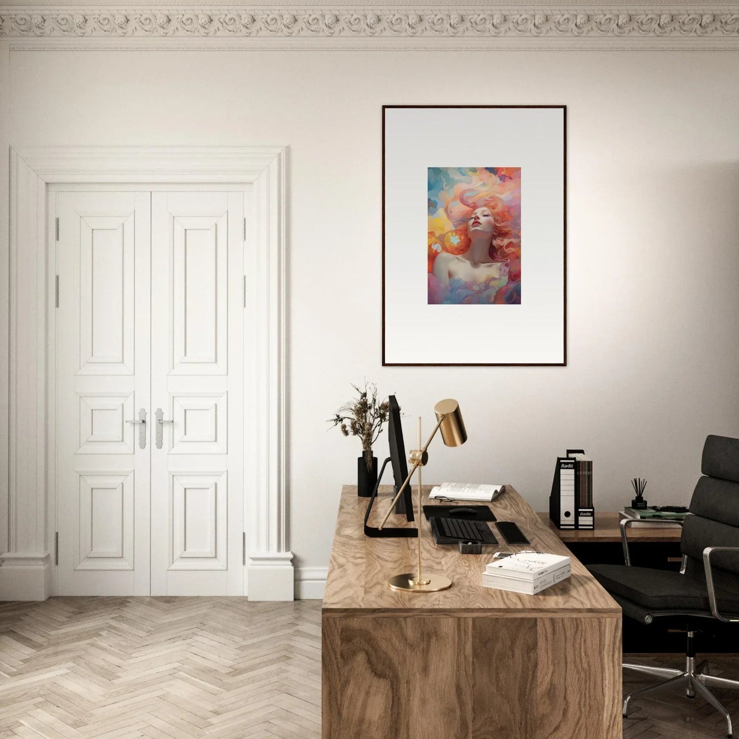 Home office workspace showcasing a wooden desk, chair, and Euphoria Epiphany wall art