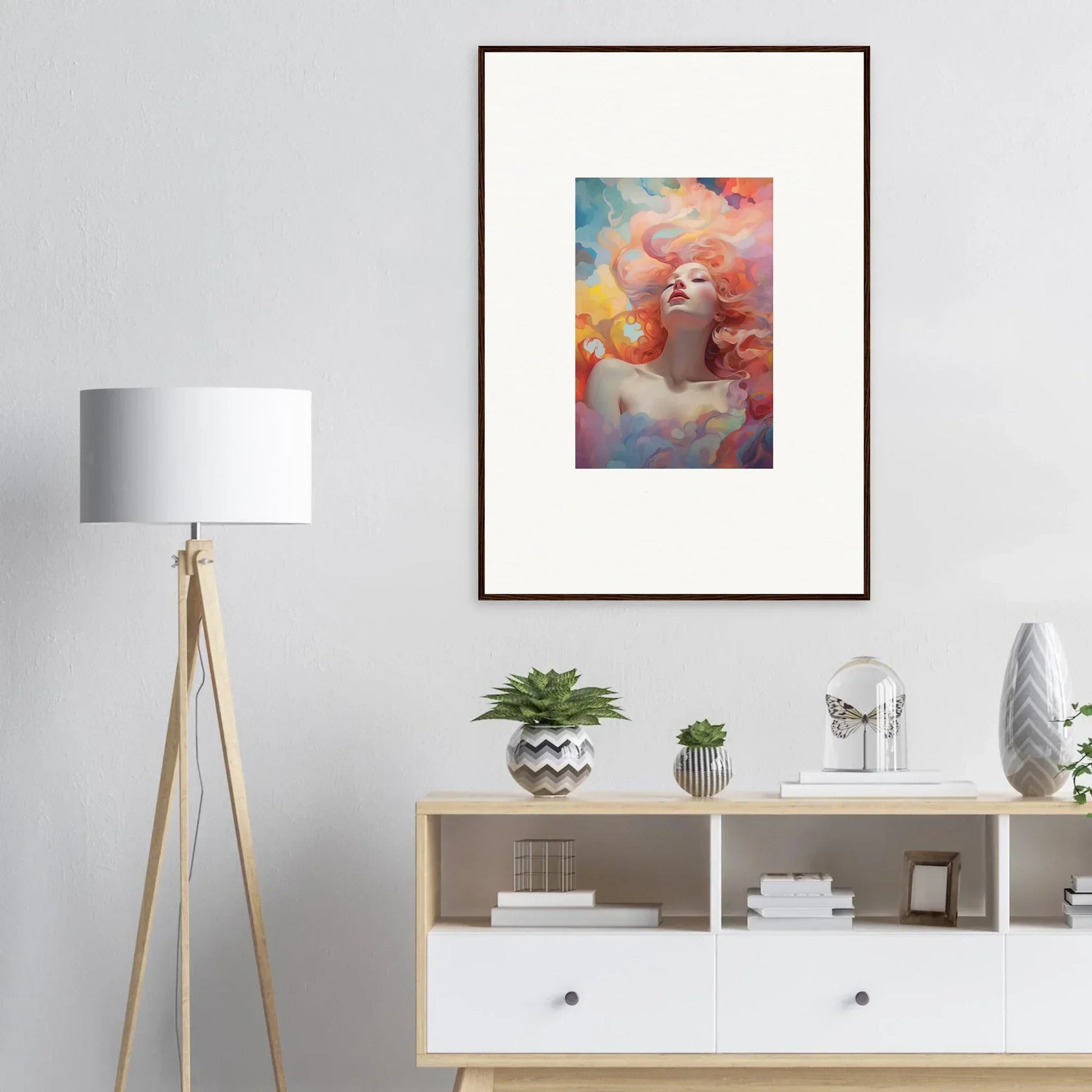 Colorful framed wall art featuring a dreamy portrait, Evaporating Euphoria Epiphany