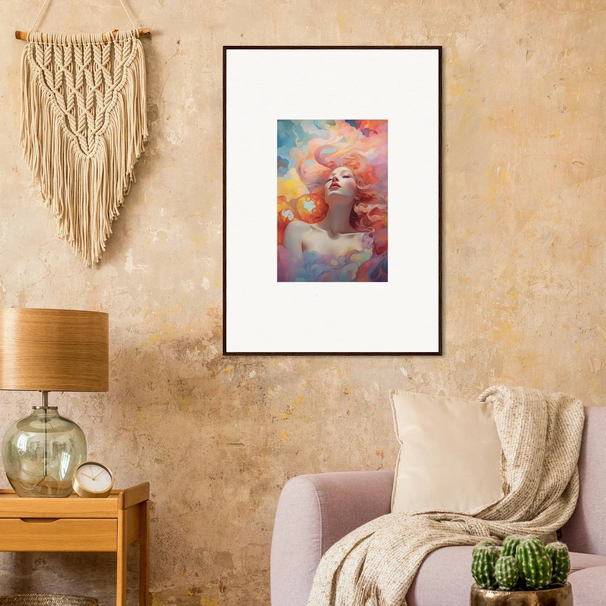 Framed wall art of a colorful woman symbolizing Euphoria Epiphany for vibrant room decor