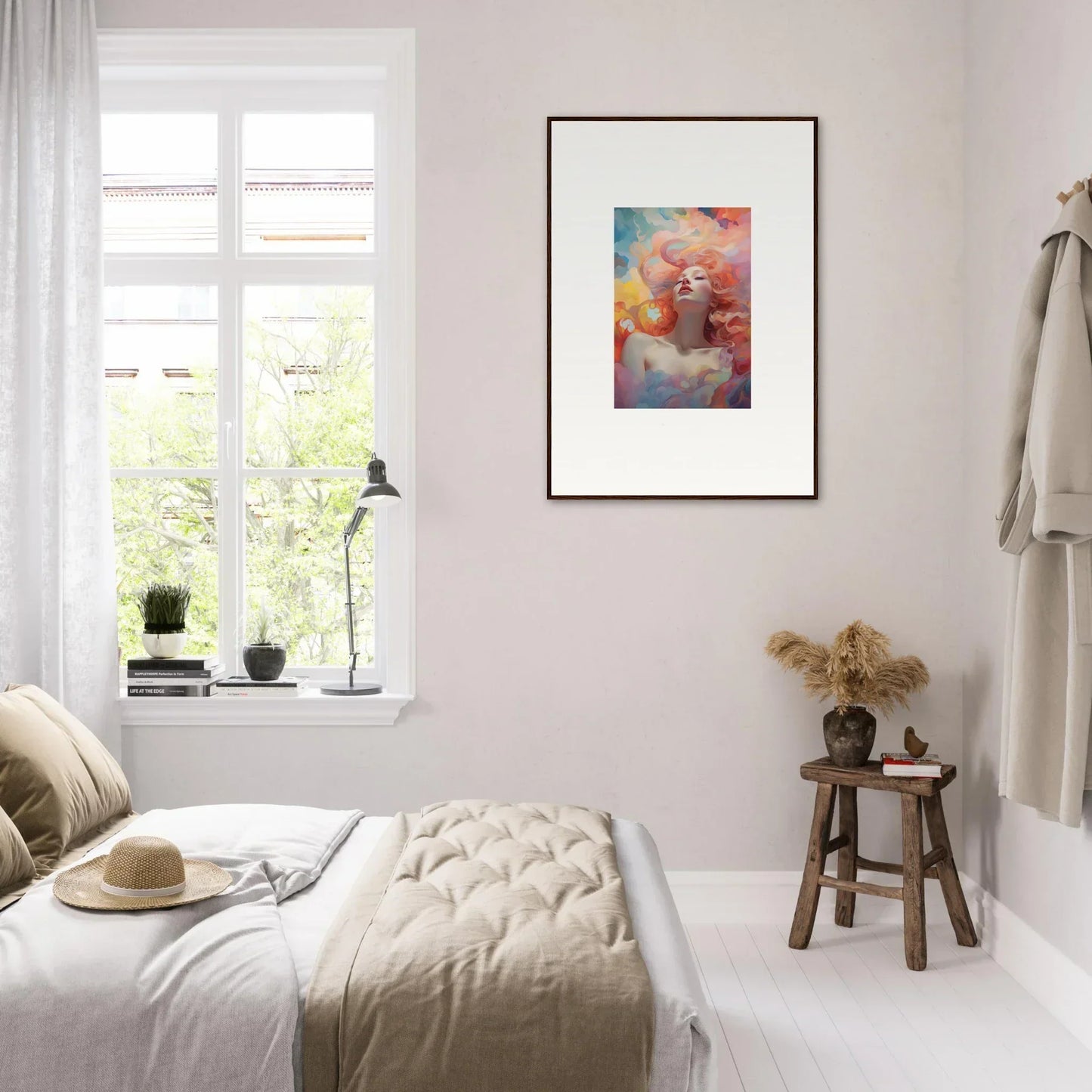 Cozy bedroom featuring Evaporating Euphoria Epiphany framed wall art for stylish room decor