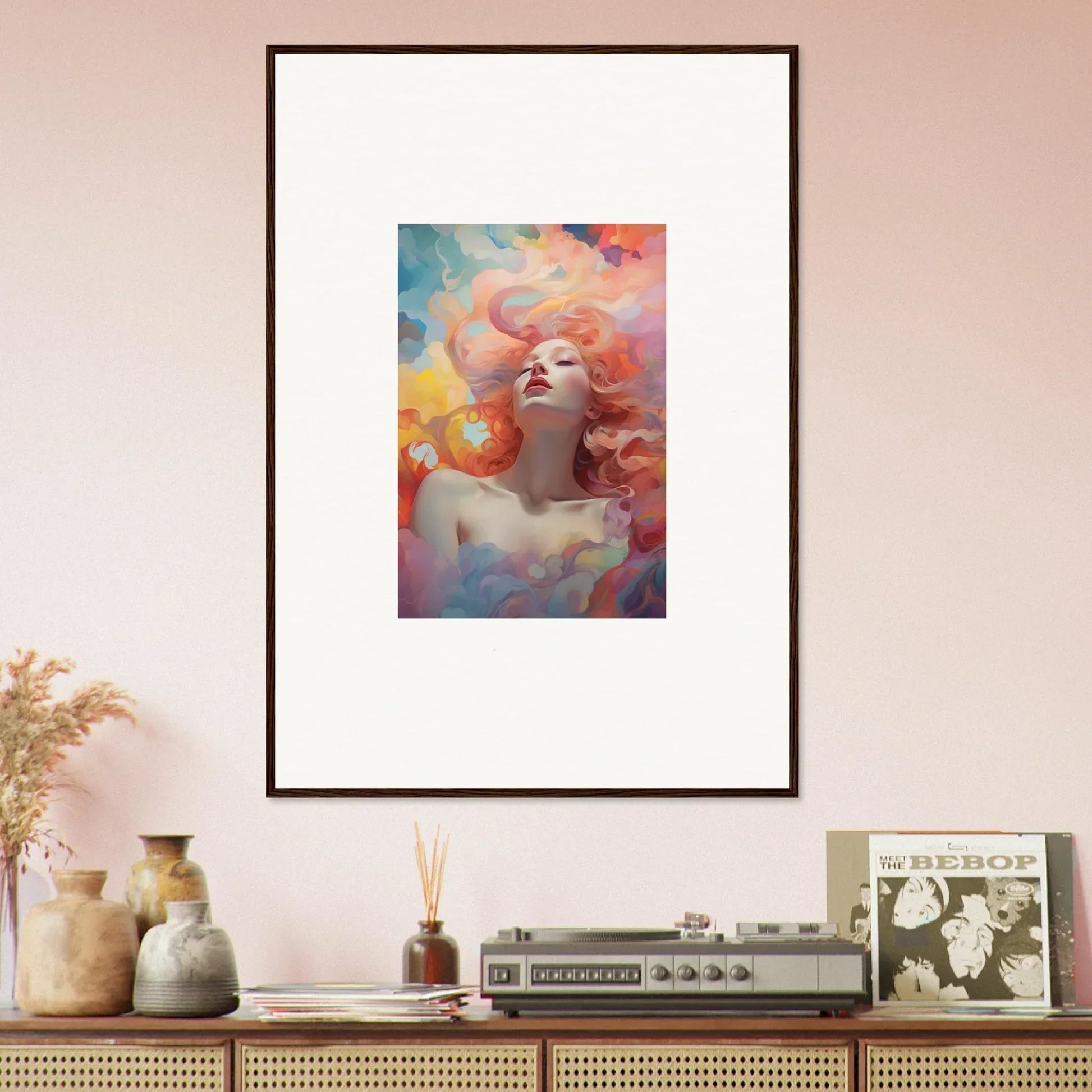 Framed wall art of a woman with colorful hair, embodying Euphoria Epiphany for room decor