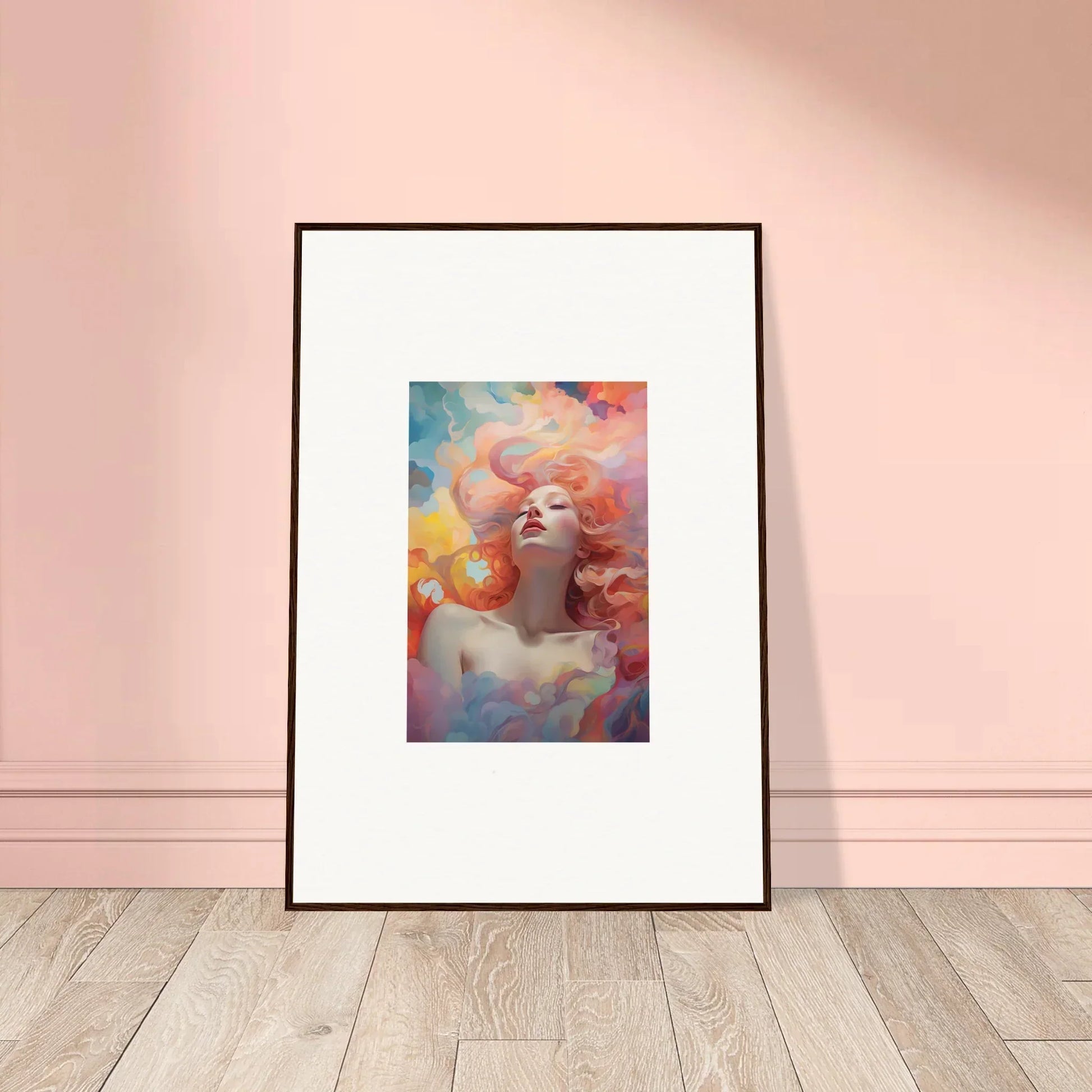 Framed wall art of Evaporating Euphoria Epiphany in vibrant pastel hues for room decor